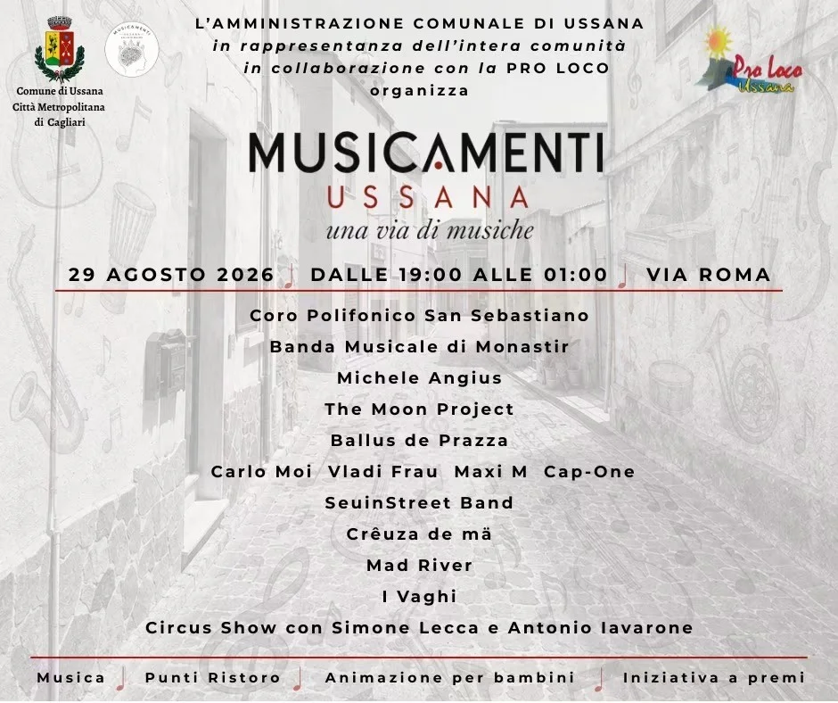 Manifestazione Musicamenti Ussana - Una via di musiche - 29/08/2026