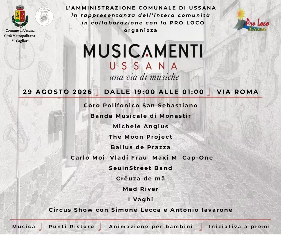 Manifestazione Musicamenti Ussana - Una via di musiche - 29/08/2026